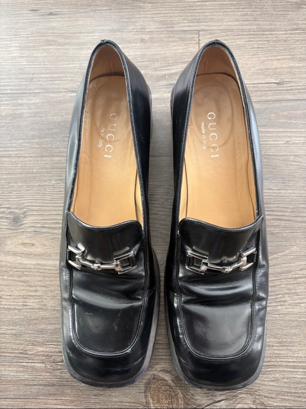 Vintage Gucci Leather Loafers Block Heels Black with Silver Horsebit Detail 9B - Picture 2 of 11
